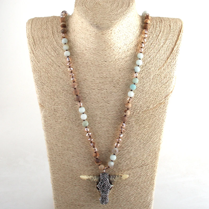 RH Fashion Bohemian Tribal Jewelry  Crystal / Natural Stone Long Knotted Beige Crystal Horn Pendant Necklaces For Women Necklace