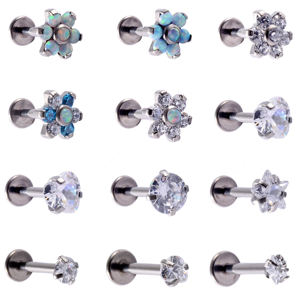 

1PC G23 Titanium Opal Flower Gem Labret Lip Bar Ring Zircon Top Ear Cartilage Tragus Helix Lobe Piercing Screw Fit Top 16g
