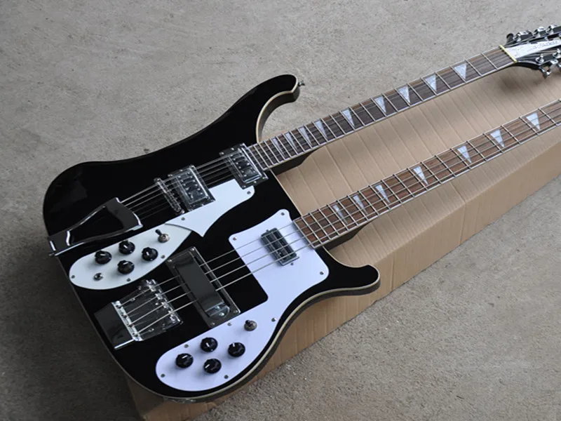 

Double neck Black body Electric Bass Guitar with White Pickguard,Chrome Hardware,Provide custom service