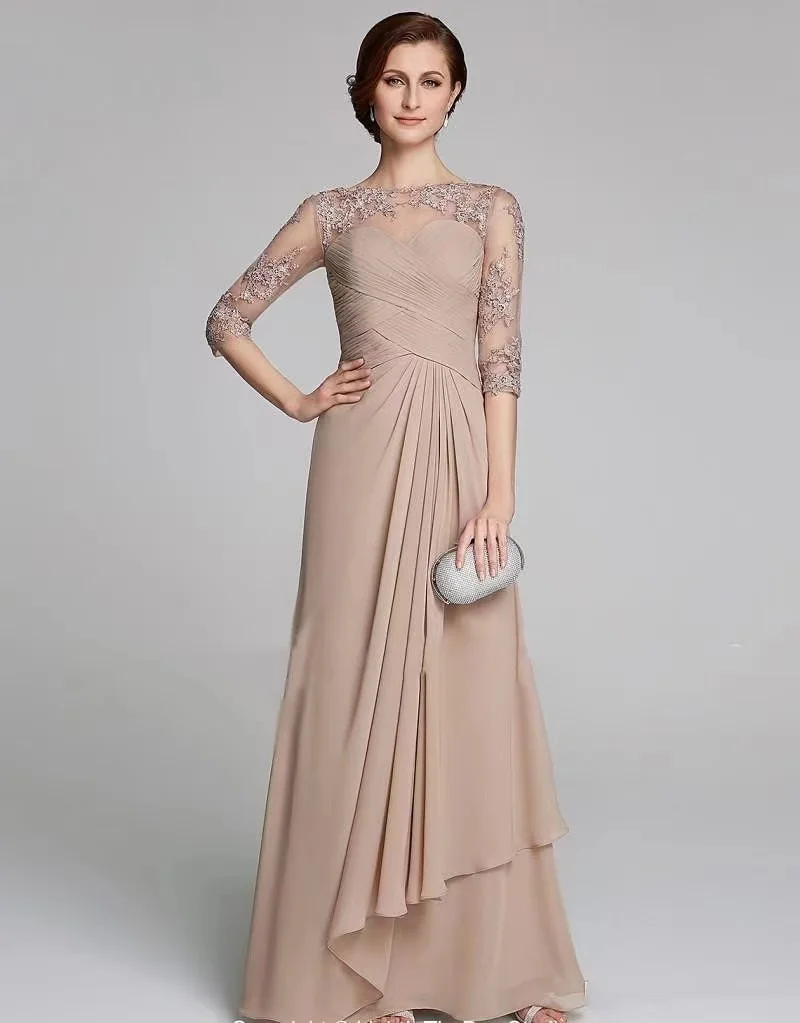 

Charming Champagne Mother Of The Bride Dresses A-Line Ruched Chiffon Lace Applique 3/4 Sleeves Wedding Guest Prom Gown Plus Size