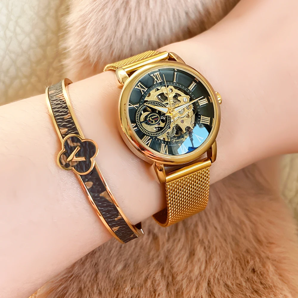 Forsining Fashion Women's Luxury  Golden Mechanical  Watch Roman Numerals Transparent Skeleton Watches Stainless Steel Clock