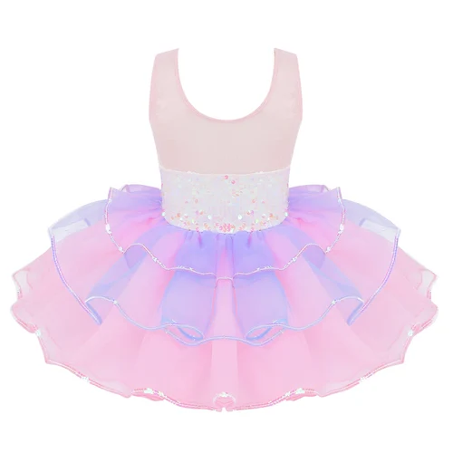 Imagen 2 del producto Vestido tutú de Ballet con lentejuelas para niños y niñas, leotardo de gimnasia brillante, empalme de malla con lazo, Ropa de baile de bailarina, traje de fiesta Rave
