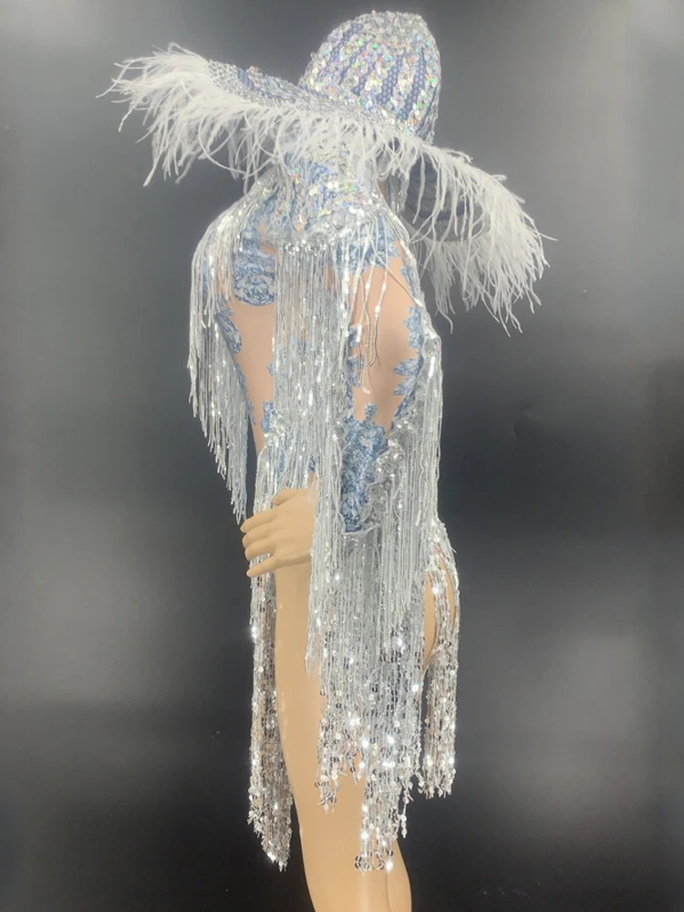 Shining Sequin Fringe Bodysuit Women Singer Clothes Long Sleeve Rave Feather Hat Prom Nightclub Dj Gogos Dance Stage Costume