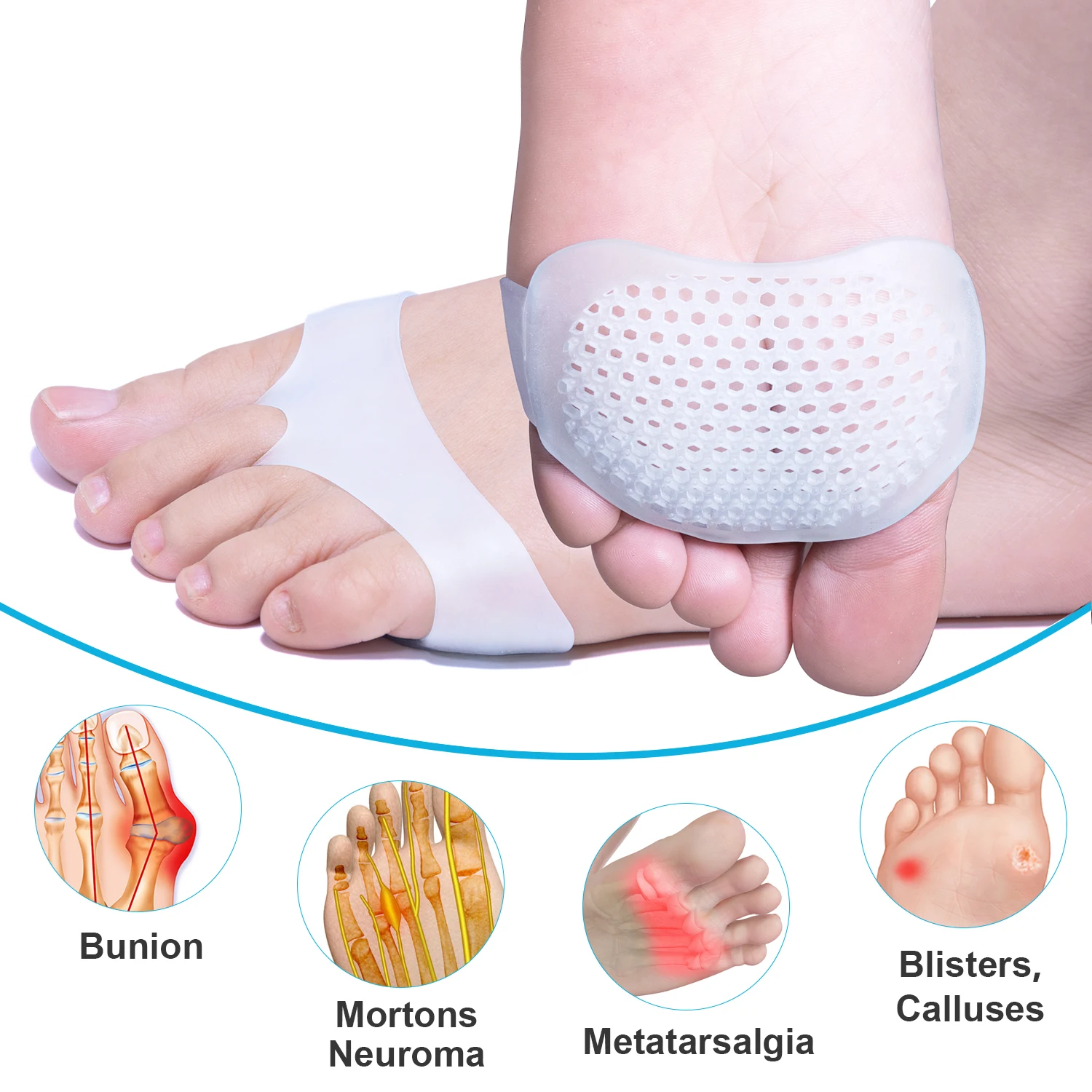 2pcs/1pair White Soft Forefoot Pads Silicone Ball of Foot Cushion Prevent Foot Corn Callus Blisters Pain Relief Foot Care Tool