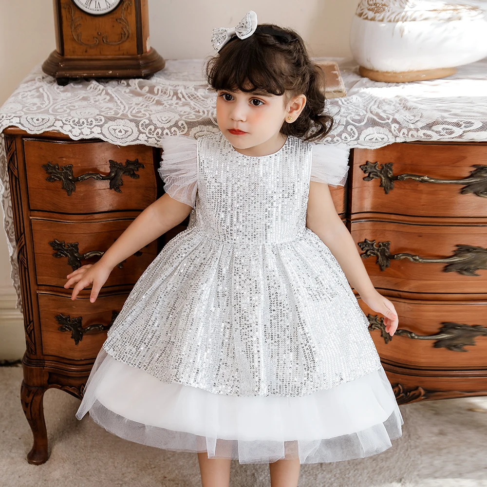 

2PCS Infant Girl White Baptism Dress For Girls Birthday Party Dresses Lace Sequin Bow Baby Christening Gowns Kids Vestidos