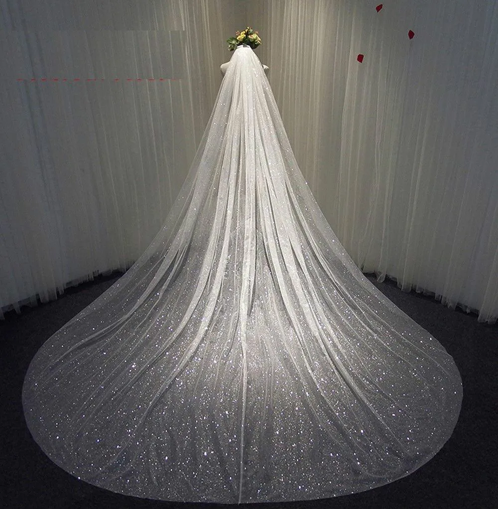 Bling Bling Bridal Veils Sparkly Wit Champagne Lange Kathedraal Lovertjes Bruiloft Sluier Met Kam 3X3.5Meters 1 Laag Velo De Novia