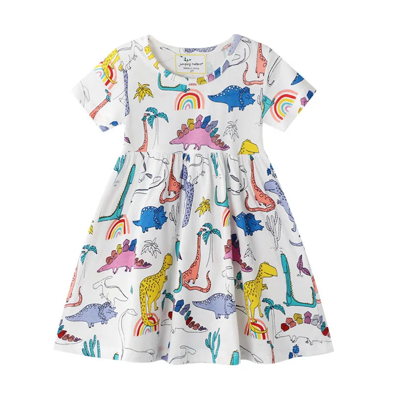 Jumping Meters New Dinosaurs Girls Dresses Summer Cartoon Casual Children's Clothes Short Sleeve Kids Princess Dress Frocks