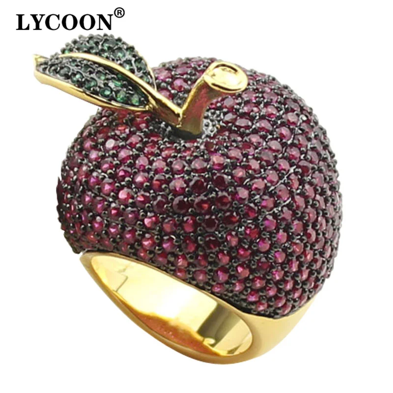 LYCOON elegant crystal apple rings food style yellow gold-color luxury prong setting rose red/green Cubic Zirconia for women