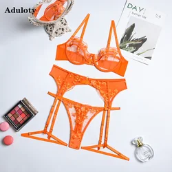 Aduloty Women's Sexy Lingerie Thin See-through Lace Embroidered Set Underwire Gathering Bra Garter Loop Thong Erotic Underwear