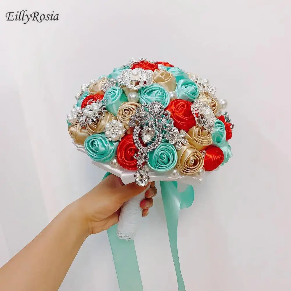 EillyRosia Original Bridal Bouquet Jewelry Brooch DIY Holding Flowers Blue & Red Gold Satin Wedding Bouquet Luxury Design New