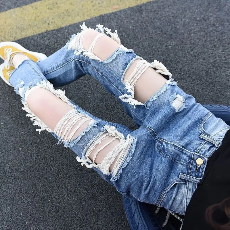 

New Korea Fashion Vintage Ripped Boyfriend Jeans For Women Fashion High Waist Blue Jeans Jeans 3XL Pantalones