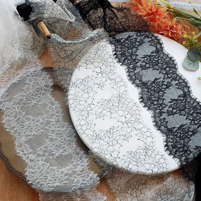 (3 meters/lot) 15cm White Black eyelash lace fabric Voile Lace Trim Embroidered Wedding Dress Fabric