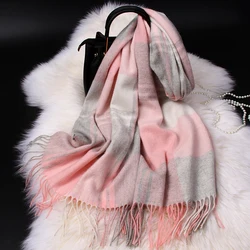 Pink Plaid Wool Scarf for Women Korean Autumn Warm Shawls and Wraps Pashmina Foulard Winter Cashmere Scarves Blanket Echarpe