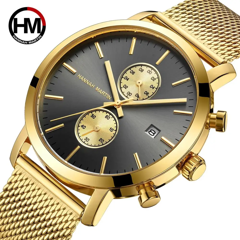 Black Multifunction Chronograph Stainless Steel Mesh Band Waterproof  Men Big Dial Top Brand Luxury Watch Men Fashion Watches