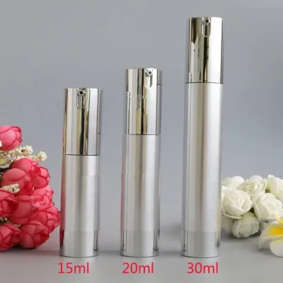 10pcs/Llot  15ml20ml30ml slender vacuum bottle brushed silver emulsion sub-bottle shower gel empty bottle press