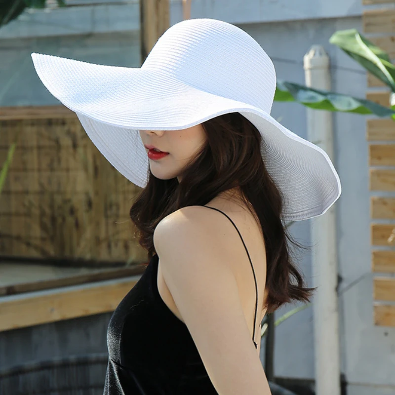 HT3062 Mode Große Große Breite Krempe Hut Solide Plain Floppy Strand Sonnenhut Packable Sommer Hüte für Frauen Dame Stroh hut Strand Kappe – Detail 2