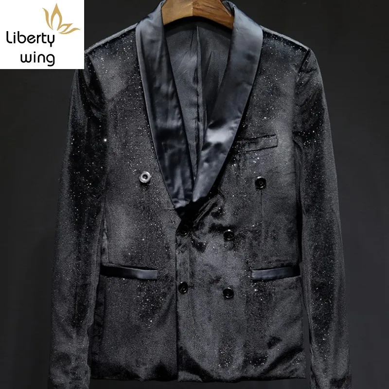 

Spring New Casual Blazer Mens Double Breasted Suits Top Quality Sequins Party Blazers British Business Man Slim Fit Suit Jacket