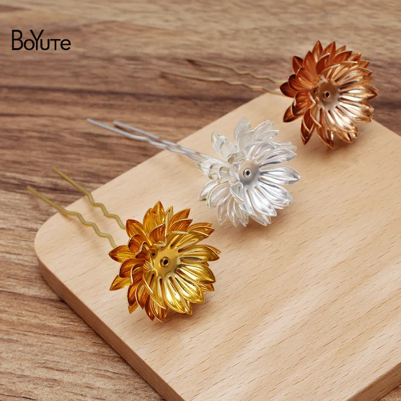 BoYuTe (10 Pieces/Lot) 30MM Metal Brass Chrysanthemum Hair Fork Hairpins Diy Handmade Bridal Hair Jewelry Accessories