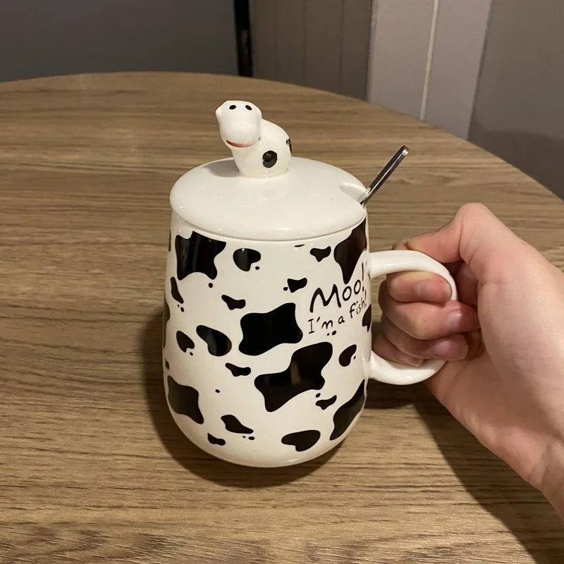 Moo! I'm a Fish! Ceramic Water Mug Dairy Cow Design Office Coffee Mug,Cute Morning Breakfast Milk Coffee Mugs With Lid Spoon image 2