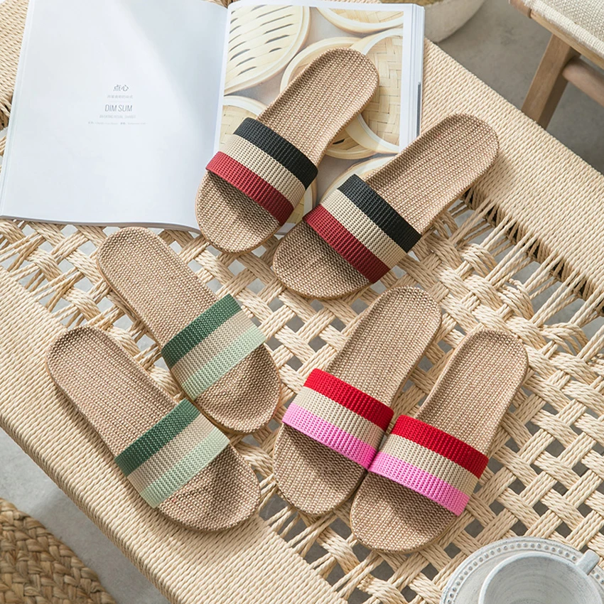 Summer Cool Japanese Traditional Kimono Shoes Accessory Linen Weave Slippers Stripe Flip Flop Couple Spa Street Non-slip Sandals