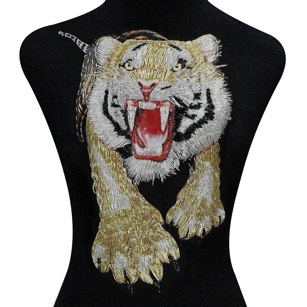 

Large Big Tiger Patches Beaded Print Motifs Animal Badge Sew on Jacket Back Patches Decorated Handmade Applique 1 piece