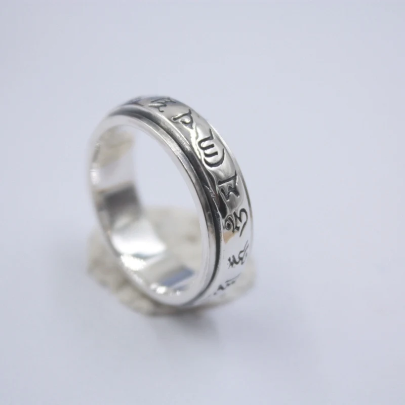 

Pure 925 Sterling Silver Ring Band 6mm Heart Sutra Bless Ring Size from 6.5-12 For Unisex