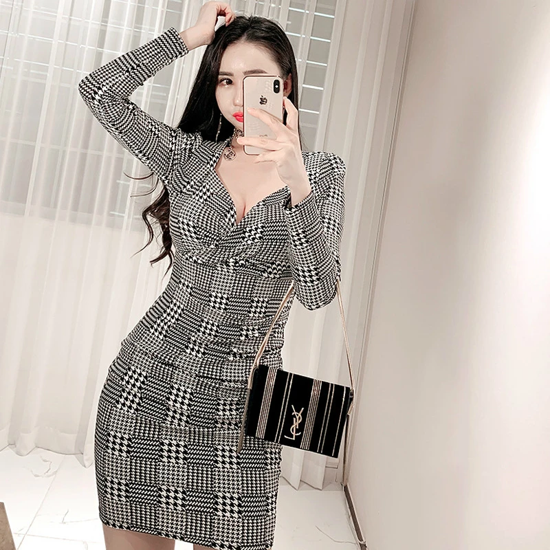 

2020 New Spring Winter Sexy Bodycon Dress Women Deep V-neck Sexy Plaid Dress Ladies Sheath Slim Mini Dress Club Wear for Ladies