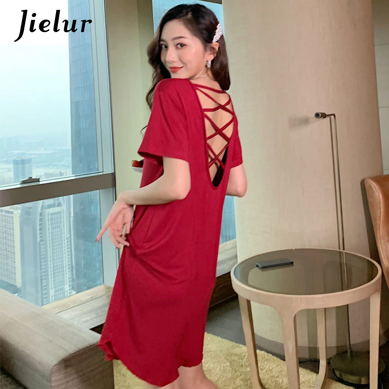 Jielur Nightdress Women Sexy Short Sleeve Hollow-out Summer Solid Color Gowns Sleepwear Out Wear Chic Loose Slim Black Dress