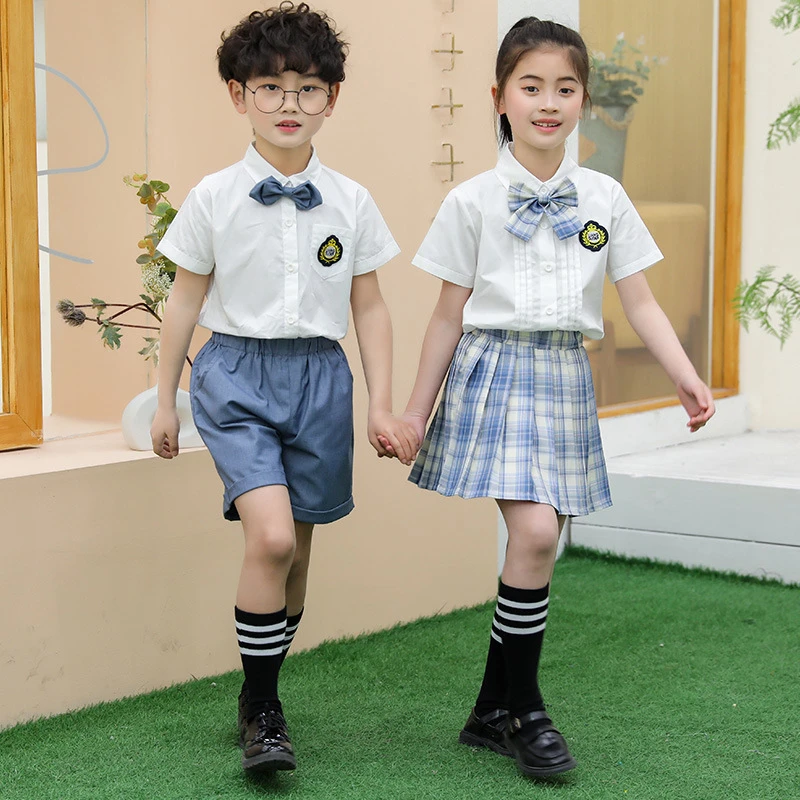 Children Fashion Boy Japanese School Uniform Suit White Short-Sleeved Shirt Blue Shorts College Style Cute Jk Two-Piece Girl New