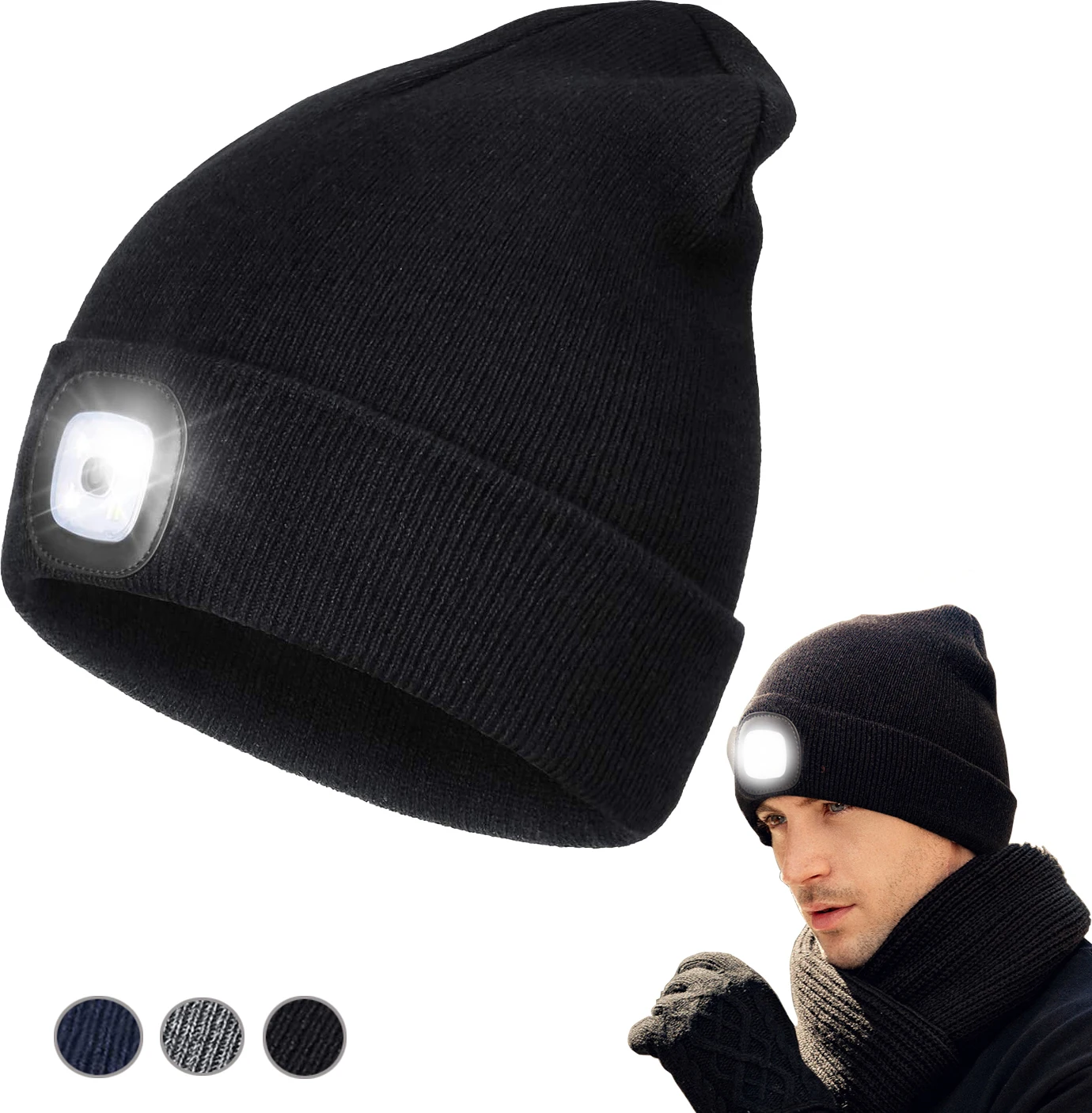 LED Beanie Hat with Light Unisex USB Rechargeable Lamp Hats Hands Free Headlamp Cap Winter Knitted Night Light Hat Flashlight