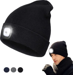 LED Beanie Hat con luz Unisex USB Lámpara recargable Sombreros Manos libres Gorra de faro Tejido de invierno Luz nocturna Sombrero Linterna