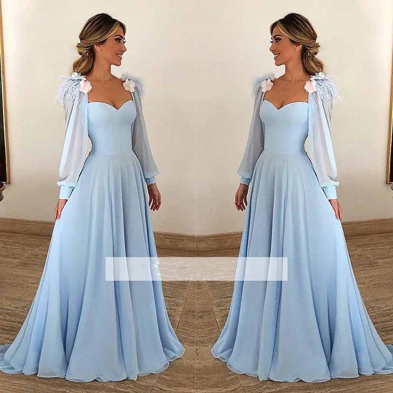 Céu azul muçulmano vestidos de noite 2023 a linha querida mangas compridas chiffon saudita árabe dubai vestido de baile vestidos de graduação