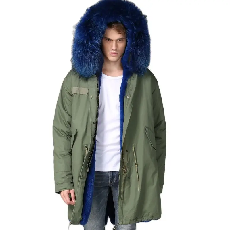 

Mens Long Army Green Fashion Blue Faux fur Lined Raccoon Fur Hoodies Winter New Style Wear