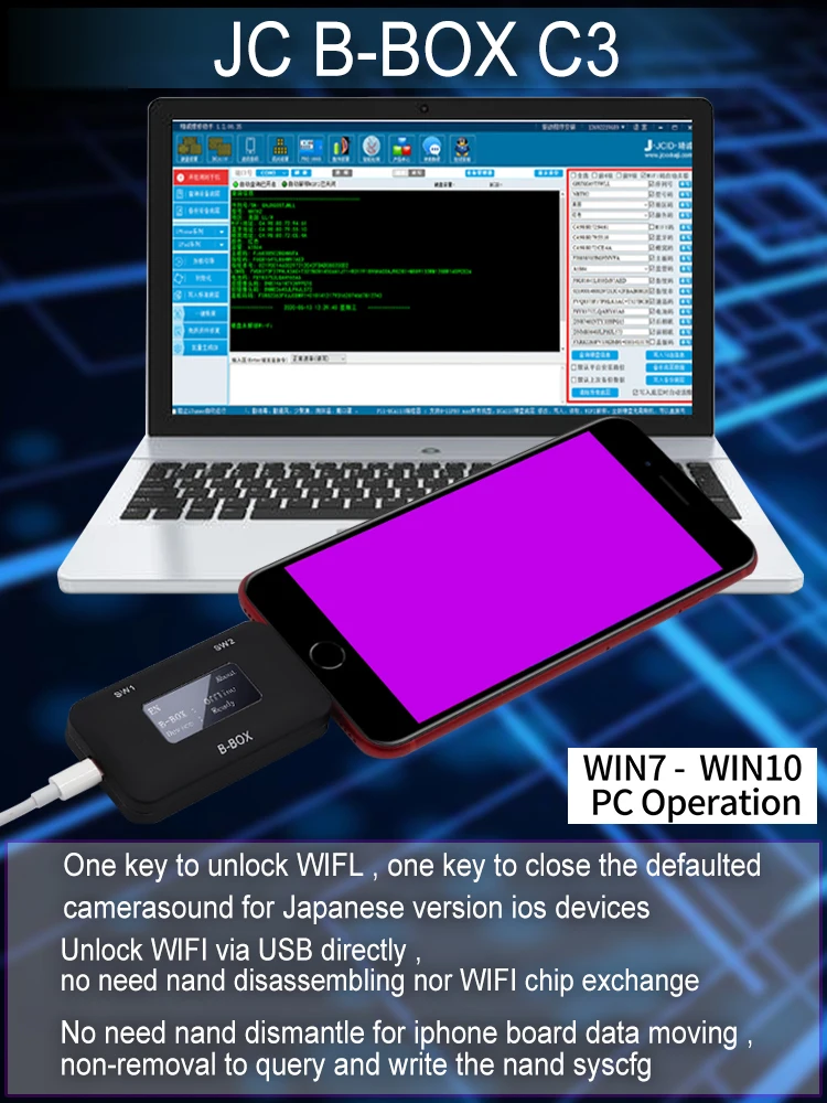 JC B-BOX Pro DFU Box Window DCSD Cable para IOS A7-A11, modo púrpura de una tecla para iPhone e iPad, modificar NAND Syscfg, lectura de datos y escritura