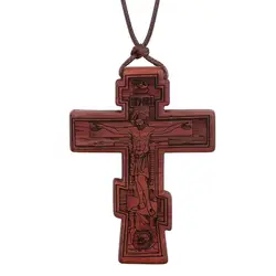 Orthodox Natural Wooden Umbila Crucifix Cross Jesus Pendant Necklaces Adjustable Leather Rope Chains Necklaces Jewelry