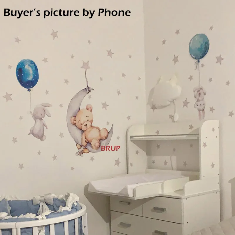 Watercolor Balloon Bunny and Brown Bear Wall Stickers for Kids Room Baby Nursery Room Decoration Wall Decal Party PVC Watercolor image 2