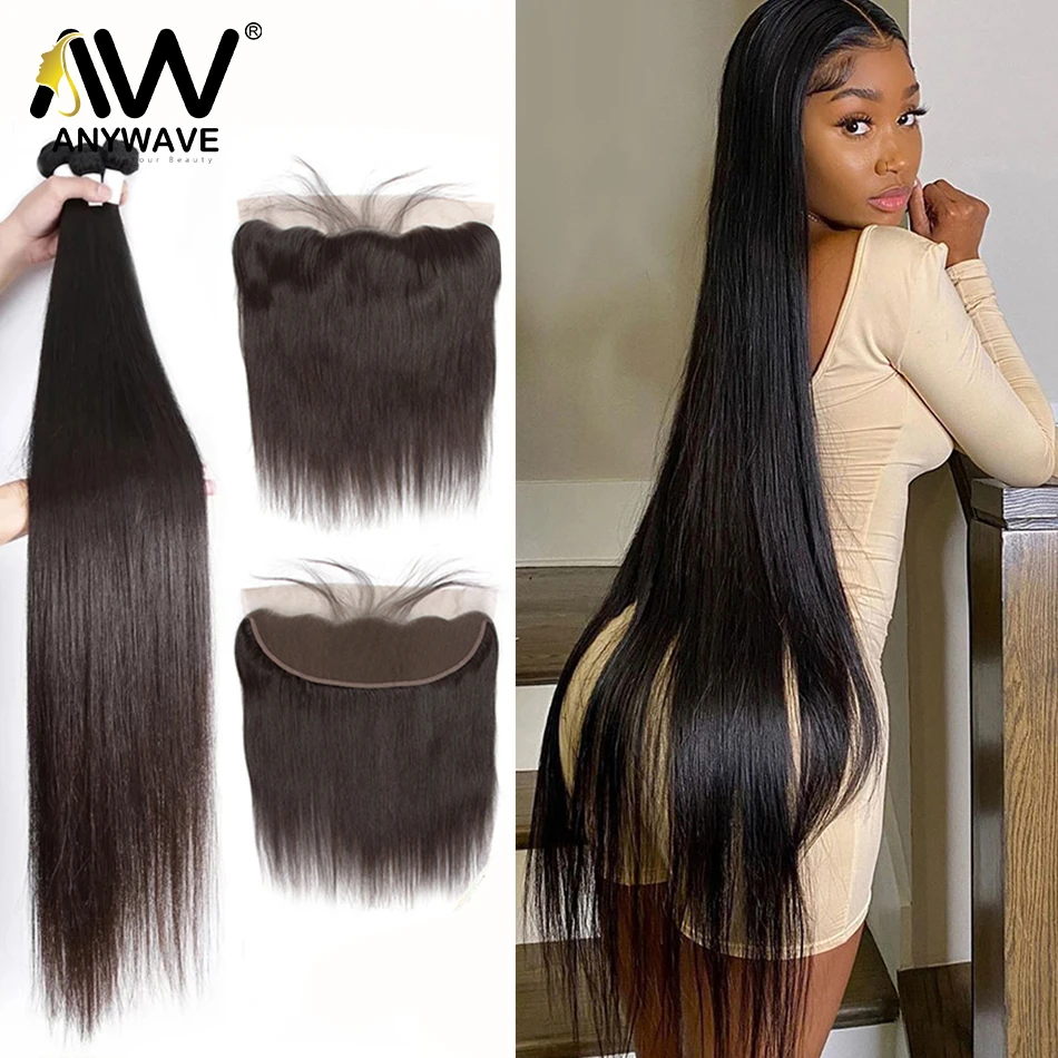 

Straight Bundles With Frontal 28 30 32 Inch 13x4 Transparent Lace Brazilian Virgin Human Hair Weave 3 4 Bundle Closure Extension