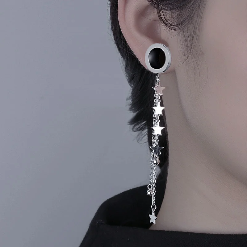 2 PCS Stainless Steel Ear Plugs Tunnels Stars Dangle Chain Ear Gauges Flesh Body Piercing Ear Expansions Ear Reamer 4-25mm