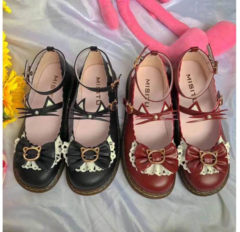 

vintage round head comfortable women shoes cute kitty bowknot kawaii shoes loli cosplay Japanese princess sweet lolita shoes