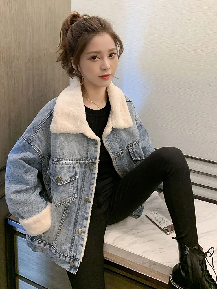 Women Denim Jackets Velvet Thick Turn Down Collar Loose Coat Autumn Winter Oversized Casual Jean Outerwear 3XL