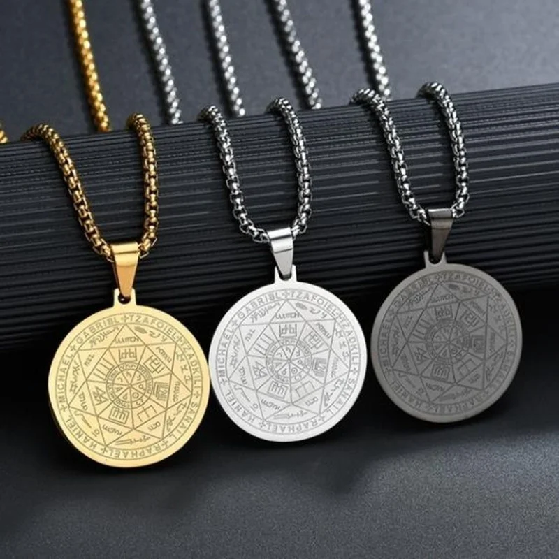 Seven-Pointed Star Angel Round Pendant Necklace for Men Middle Eastern Fashion Jewelry Long Steel Chains On The Neck Accessories