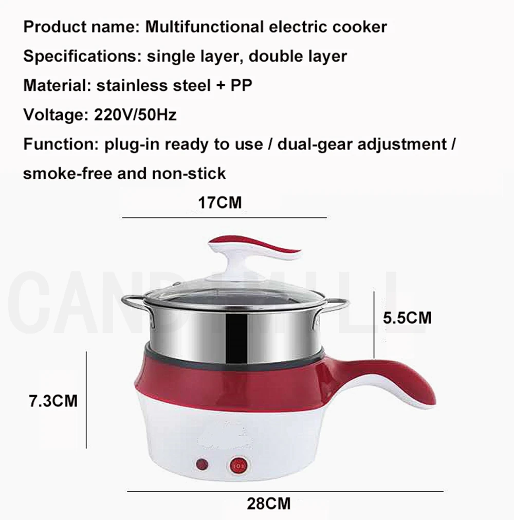 CANDIMILL Low Power Electric Cooker Hot Pot Mini Household Multifunctional Cooking Pot Noodles Boiler Food Warmer Frying Pan