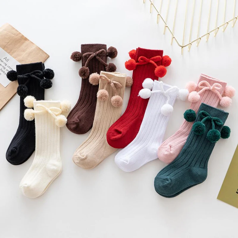 0-5Years Autumn Winter Girls Knee High Socks Cherry Ball Christmas Socks For Girl Infant Baby Cotton Sock Long Children Socks