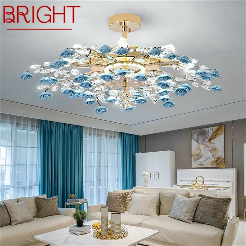 

BRIGHT Creative Chandeliers Light Crystal Pendant Lamp Blue Flower Branch Home LED Fixture for Living Dining Room