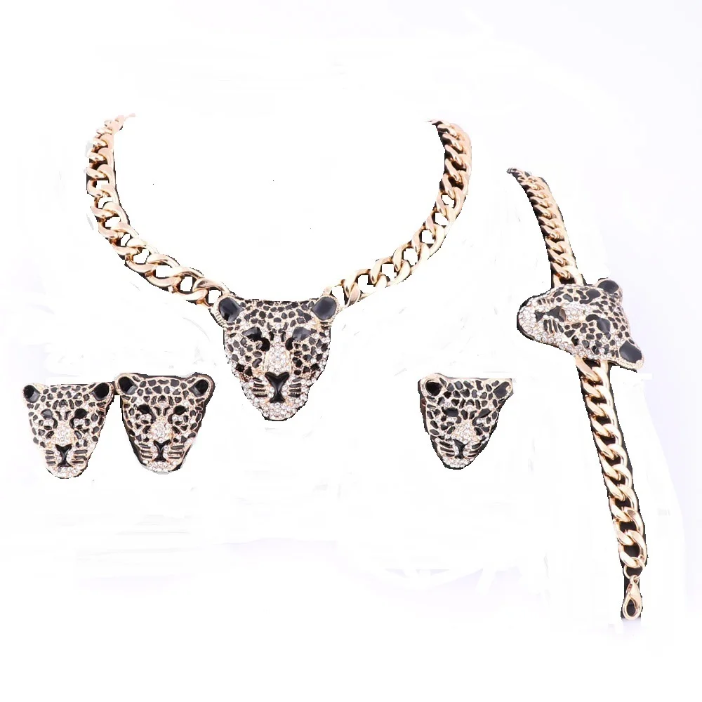 Dubai Gold Color Crystal Enameled Leopard Pendant Statement Necklace Bracelet Earrings Ring Costume Jewelry Set