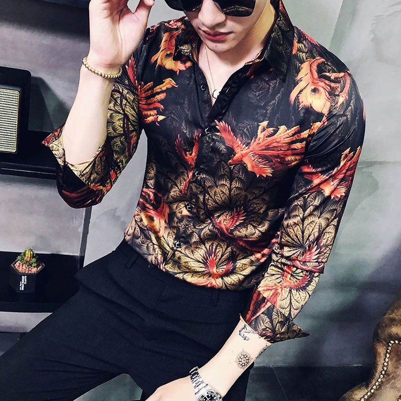 Phoenix Print Fire Shirt Social Club Shirt Four Season Long Sleeve Slim Fit Shirt Men Designer Prom Shirt Camisa Masculina 5xl