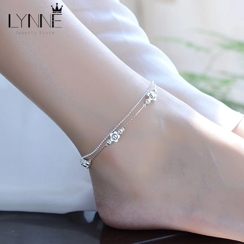 Nowe mody kwiat śliwy wisiorek Anklet 925 srebro szczęście kwiat obrączki kobiety biżuteria dwuwarstwowy łańcuszek na kostkę bransoletki — zdjęcie 3