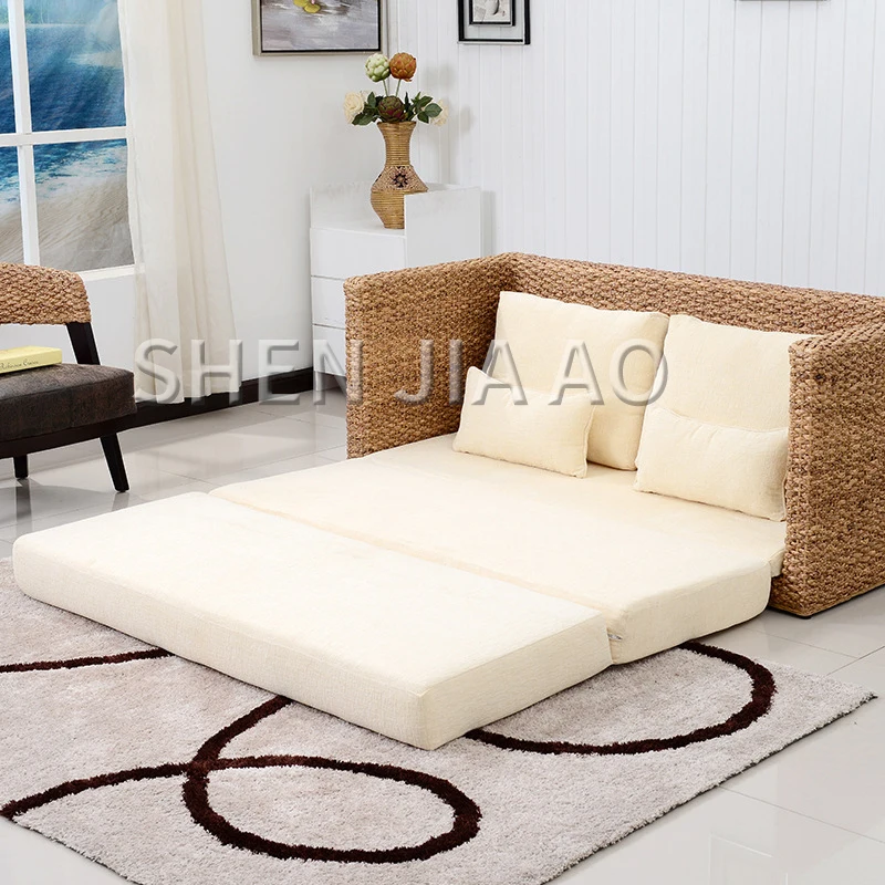 1PC Small Apartment Living Room Rattan Sofa Double Rattan Sofa Bed Foldable Rattan Furniture Folding Double Form Sofa Bed