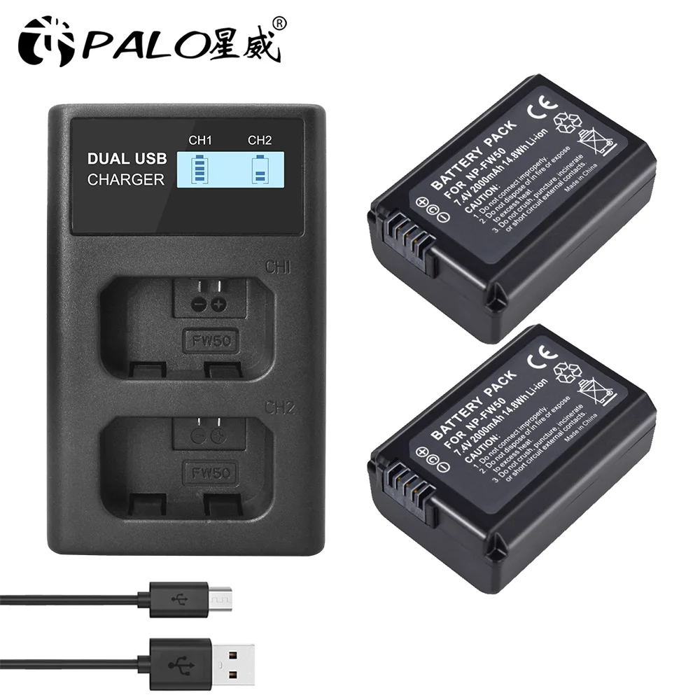 

2Pcs 2000mAh NP-FW50 NP FW50 Camera Battery + USB LCD Dual Charger for Sony Alpha a6500 a6300 a7 7R a7R a7R II a7II NEX-3 NEX-3N