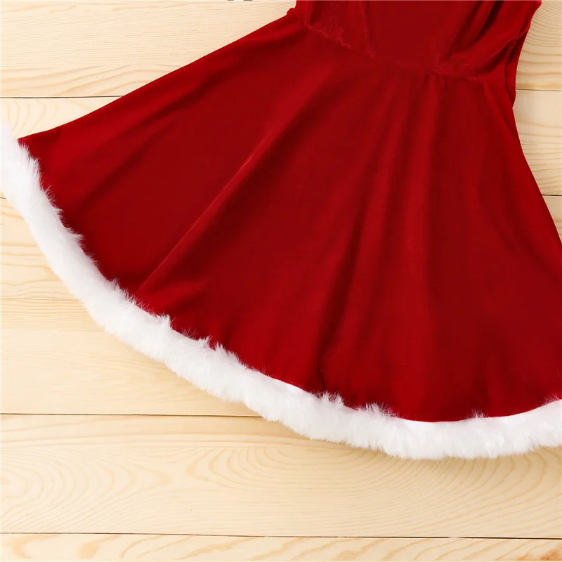 Christmas Baby Girls Velvet Stitchinge Dress Solid Square Collar Suspender Skirt Party Pageant Santa Dresses with Hat, 18M-6Y